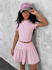 Camiseta de cuello alto fruncido y ajuste ceñido & Falda con volantes en el bajo para niña preadolescente,Vuelta al colegio,Y2K,Streetwear - Rosa - Ver 4
