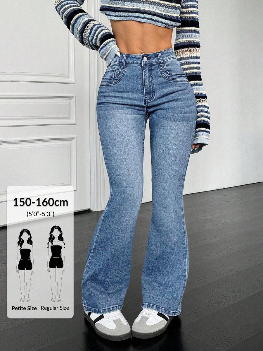 SHEIN PETITE Women's Casual Medium Wash Denim Flare Leg Jeans Long With Zipper Detail ,Petite Women - Medium Wash - View 1