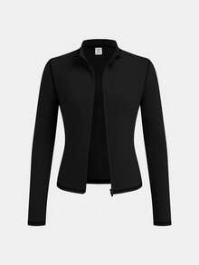 SHEIN Serisse Kids Tween Girl Casual Modest All Black Line Yoga Sports Slim Fit Zip-Up Stand Collar Knit Solid Color Top High Waist Leggings Set Summer - Black - View 7