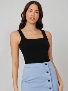 SHEIN BASICS Top de tirantes de cuello cuadrado de color liso, moda simple, casual de uso diario, top de verano - Negro - Ver 6