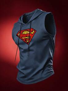 SUPERMAN X SHEIN RISE LYT Men's Geometric Print Drawstring Hooded Sports Tank Top - Dark Grey - View 3