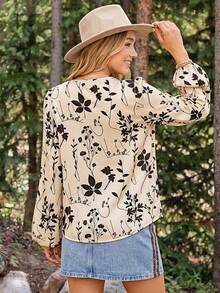 Coeurva Women's White Floral Blouse V-Neck Long Sleeve Floral Print Button Front Closure Fall Autumn Elegant Refined Outdoor Versatile Evening Vacation - Multicolor - View 2