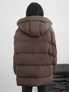 SHEIN Tall Zip Up Hooded Padded Coat With Two Pockets - Brown - View 2