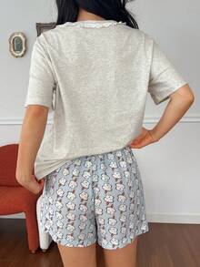 Livesso Happy Puppy Pattern Lace Patchwork Short Sleeve T-Shirt & Puppy All-Over Print Short Pajama Pants 2pcs Set, Summer Wear Women's Pajama Set - Grey - View 2