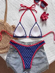 SHEIN Swim 女款 2 件組熱帶可愛性感豹紋掛脖三角比基尼上衣與性感可愛三角比基尼褲套裝 - 彩色 - 查看 3