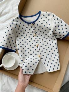 Comfortcana Women's Polka Dot Short Sleeve Single-Breasted Thin Cardigan Sweater Pink Dots Trim Design School Summer Cute - Multicolor - View 8