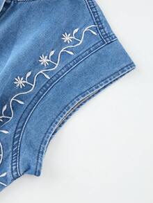 GlowEve Women's Floral Embroidered Pleated Casual Cute Daily Picnic Denim Dress White And Blue Floral Autumn - Light Wash - View 3