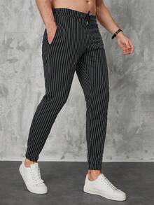 SHEIN Cottnline Men Striped Print Drawstring Waist Trousers - Black - View 6