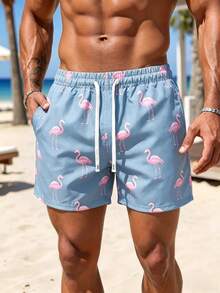 Manfinity KASUA Men's Flamingo Print Drawstring Waist Casual Beach Shorts - 霧霾藍 - 查看 4
