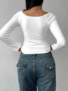 SHEIN BASICS 女士休闲深V领修身长袖T恤，适合秋冬季，95%纯棉 - 白色 - 查看 2