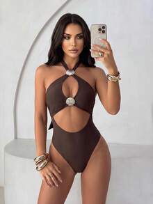 Sirith Women's Sexy Hollow Out Metal Shell Decor Halter One-Piece Swimsuit For Vacation - Brown - View 5