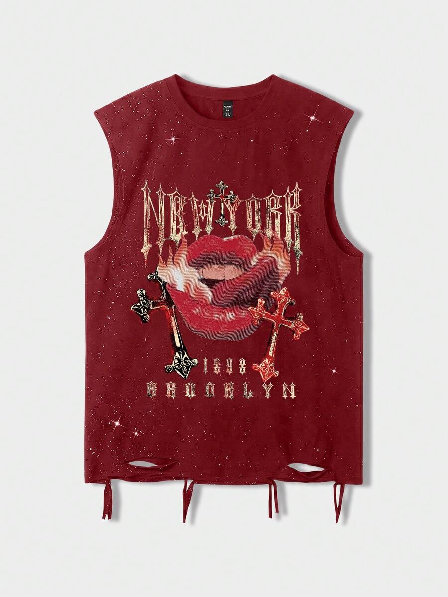 ROMWE MEN Street Life Men's Lips & Cross Print Sequin Tank Top - Red - View 1