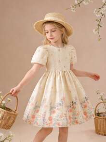 SHEIN Elladie kids 女童圓領短袖百褶滿版印花優雅花童夏季婚禮禮服 - 白色 - 查看 3