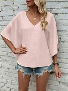 EMERY ROSE Camisa de manga de murciélago de unicolor casual, verano - Rosa Pálido - Ver 7