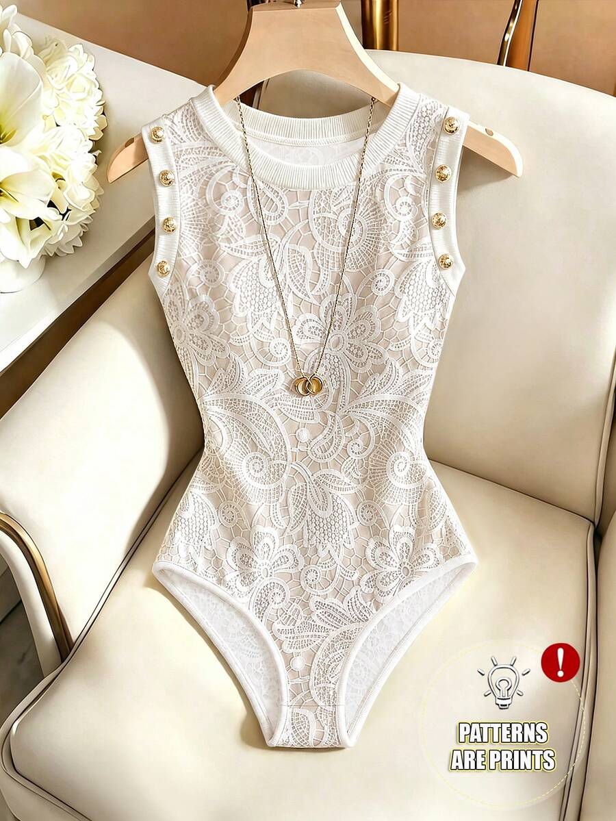 SHEIN Franclia 女款新款極簡時尚水鑽扣飾修身連身衣 - 杏色 - 查看 1