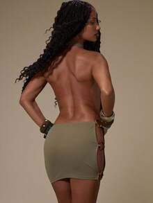 MUSERA Green High Neck Backless Side Cut Out Mini Dress - Olive Green - View 4