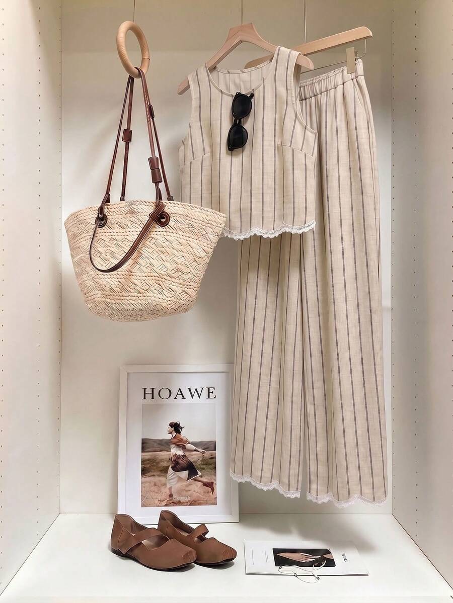 Muvela 女款休閒背心與長褲套裝,條紋蕾絲拼接,夏季服飾,街頭風,適合日常通勤、約會、派對、秋冬/夏季、婚禮、海灘、畢業典禮,優雅休閒,適合外出、Y2K、音樂節穿搭、度假服飾、返校穿搭 - 彩色 - 查看 1