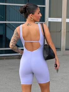 SAYEHFBABY Women's Summer&Spring Exercise, Multiple Uses Gym&Fitness Sportswear Purple Solid Color Backless Tight Short Sports Jumpsuit - Mauve Purple - View 3