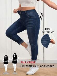 SHEIN Tall CURVE 大尺碼女款休閒百搭牛仔長褲，附口袋與鈕扣，適合日常穿著、辦公通勤與返校季 - 藍色 - 查看 1