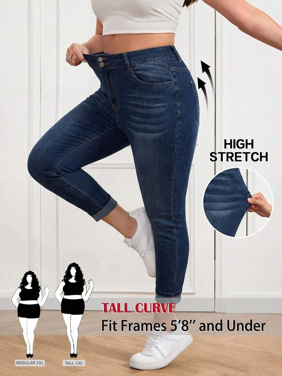 SHEIN Tall CURVE 大尺碼女款休閒百搭牛仔長褲,附口袋與鈕扣,適合日常穿著、辦公通勤與返校季 - 藍色 - 查看 1