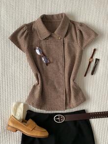 Comfortcana Women's Houndstooth Short Sleeve Top Autumn Back To School Going Out Top Y2K Tops Work Top - Brown - View 4