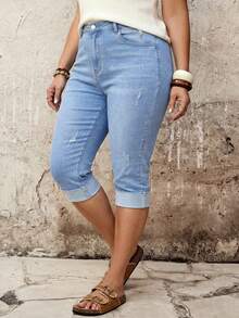 EMERY ROSE EMERY ROSE Plus Size Women Distressed Pocket Casual 3/4 Length Jeans - Light Wash - View 2