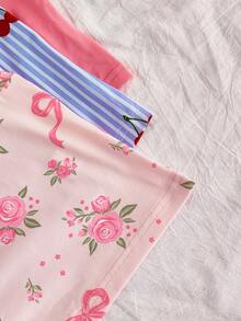 Slumberry CURVE Set Piyama Wanita Ukuran Plus Y2K Manis & Imut dengan Motif Bunga, Pita, dan Garis-garis Ceri, 3 Potong - MultiWarna - View 5