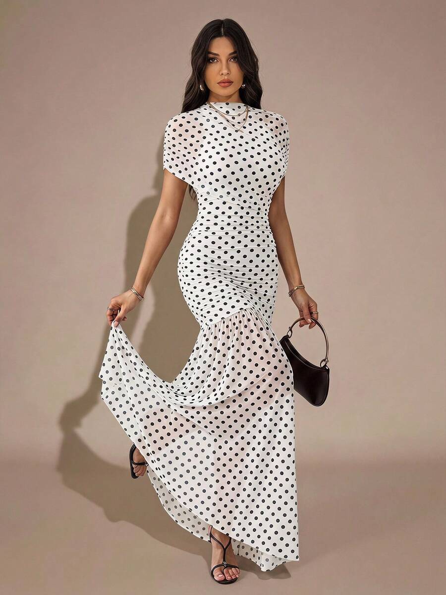SHEIN Tall Summer Elegant Polka Dot Print Dress - White - View 1