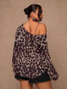 Freevana Asymmetrical Off-Shoulder Leopard Top With Side Ruching And Relaxed Silhouette, Boho Casual Piece - Multicolor - View 2