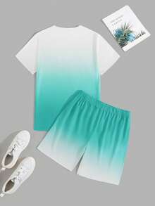 Genlund Setelan Pria 2pcs/Set: Kaos Lengan Pendek Warna Ombre dan Celana Pendek dengan Tali Serut di Pinggang, untuk Liburan - MultiWarna - View 2