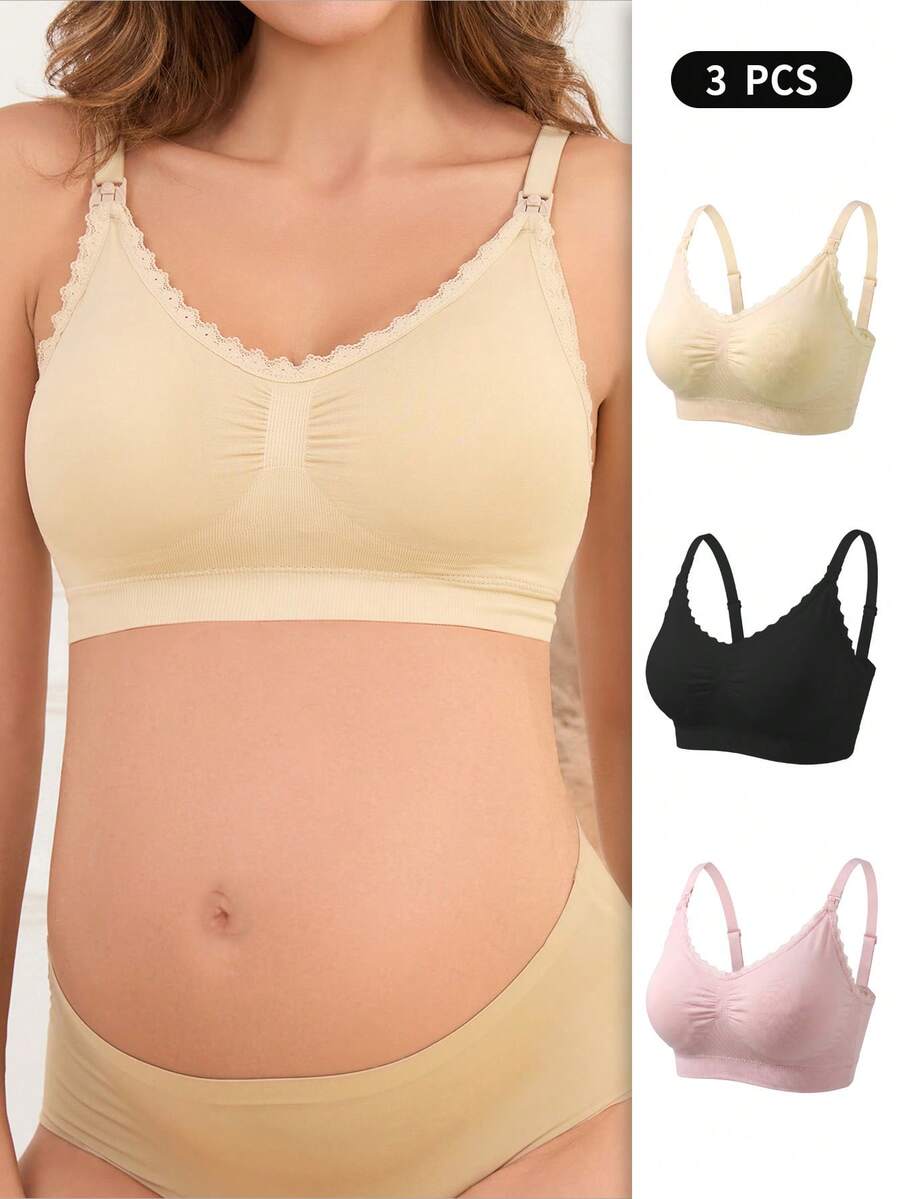 Moonlight&Mama 3pcs Seamless Lace Trim Maternity Bras With Adjustable Straps And Removable Cotton Cups - Multicolor - View 1