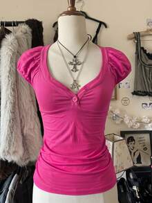 Attitoon Women's Solid Color Sweetheart Neck Short Sleeve Fitted Casual T-Shirt - Hot Pink - View 7