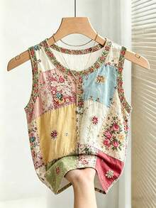 Franclia Women's Patchwork Pattern Sleeveless Round Neck Button Casual Fashion Tank Top - Multicolor - View 4