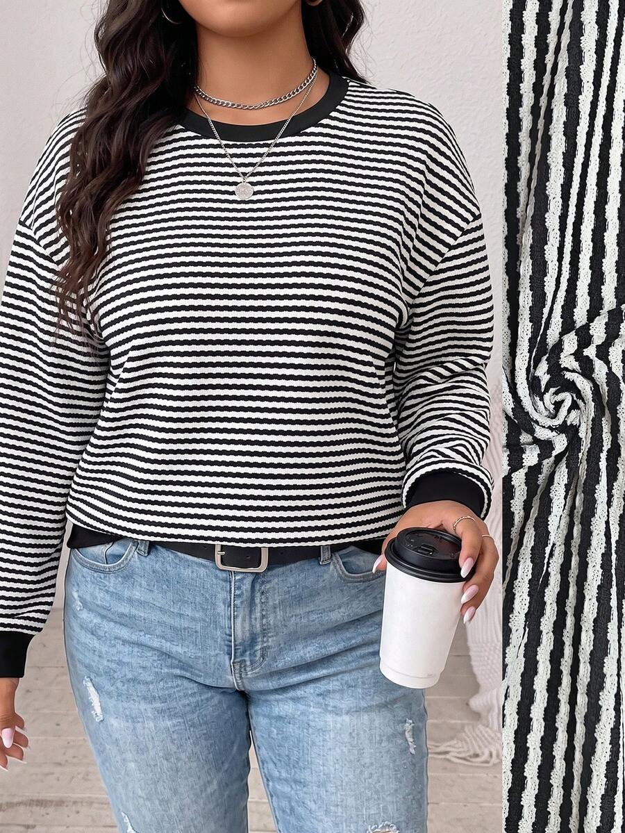 Vionelle Plus Size Women French Casual Elegant Crew Neck Long Sleeve Sweatshirt Fall - Black - View 1