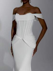 Elitara Elegant Luxurious Satin Off-Shoulder Ruched Bust Fan-Shaped Waist Pleats Flattering Belly Bodycon Mermaid Tail Long Skirt Style, Suitable For Wedding Ceremony, Celebration, Red Carpet Event, Luxury Reception And Evening Party, Outdoor Forest Beach, Multi-Occasion Bridal Gown, Wedding Dress, Wedding Guest Dress, Long Gown - White - View 3