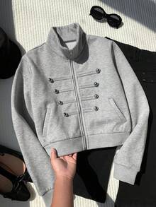 Comfortcana Women's Solid Color Pocket Casual Versatile Daily Long Sleeve Sweatshirt Autumn For Women Back To School Going Out Y2K Top Streetwear - Grey - View 4
