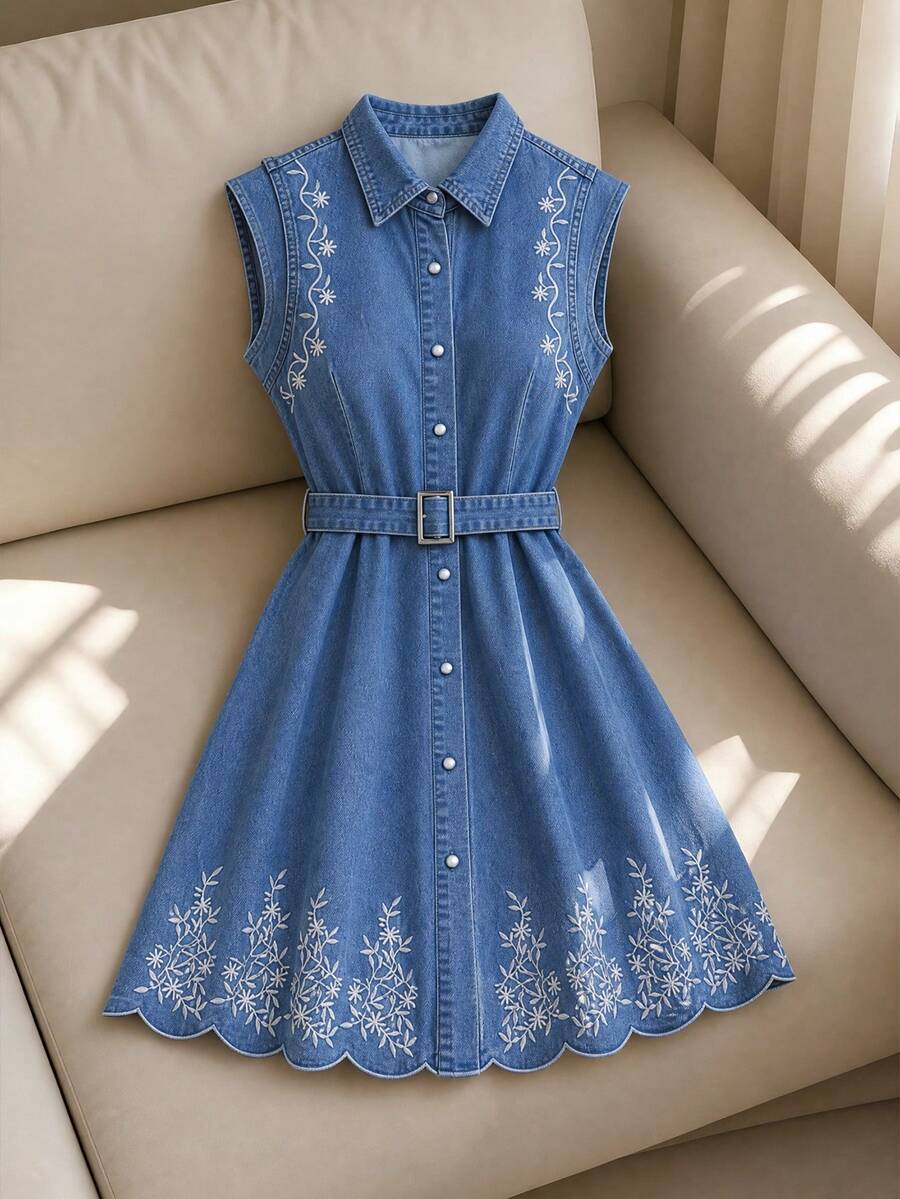 GlowEve Women's Floral Embroidered Pleated Casual Cute Daily Picnic Denim Dress White And Blue Floral Autumn - Light Wash - View 1
