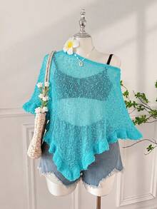 SHEIN EZwear 夏季外出約會披風，咖啡棕色，荷葉邊飾，半透，休閒，鉤編，女款大尺碼 - 水鴨藍 - 查看 1