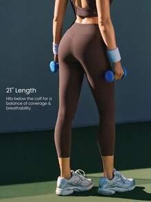 GLOWMODE 21" FeatherFit™-Sculpt Slay The Sweat Compressive Anti-Roll Tummy Control No Front Seam Side Pockets Leggings Training Running Workout Gym - Brown - View 4