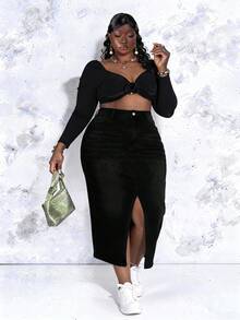 CurvyTilda Plus Size Casual Versatile Asymmetric Pockets Slit Denim Skirt Black - Black - View 5