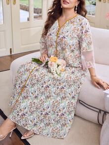 Al Najma Plus Size Women's Arabian Dress Loose Fit 3/4 Sleeve With Chiffon Patchwork Cuff, Suitable For Summer Daily Wear - Yellow - View 6