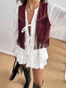 Brillora Fringe Trim Open Front Vest Summer Jacket In Fall/Winter - Burgundy - View 12