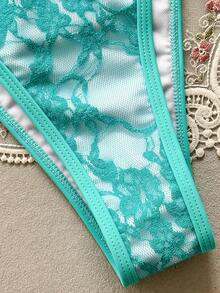 Swim Vcay 女款夏季海灘花卉刺繡圖案掛脖綁帶性感比基尼三角褲兩件式泳衣套裝 - 淺藍色 - 查看 4