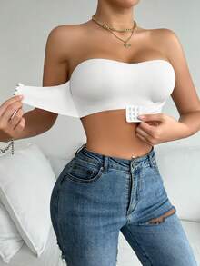 SHEIN 女款純色鈕扣式聚攏罩杯休閒日常無肩帶內衣 - 白色 - 查看 1