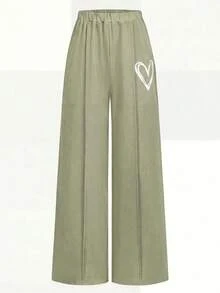 SHEIN 青少年女孩針織素色愛心圖案圓領休閒T恤與長褲2件套 - 橄欖綠 - 查看 6