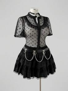 Sunspun Plus Size Spring/Summer Lace Polka Dot Hollow Out Sheer Blouse - Black - View 6