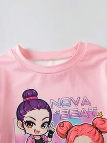 女童 T-Shirt 套裝，粉色短袖圓領 T-Shirt，附可愛卡通動漫印花與口袋，直筒長褲，2 件套服裝，夏季兒童時尚服飾，夏日活力氛圍，適合外出與上學，返校穿搭 - 粉色 - 查看 3