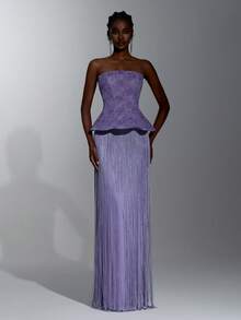 Elitara Elegant Queen Classical Lace 3D Floral Strapless Neckline Internal Boning Splice Tassel Long Dress Formal Wedding Guest Navy Blue Winter - Purple - View 1
