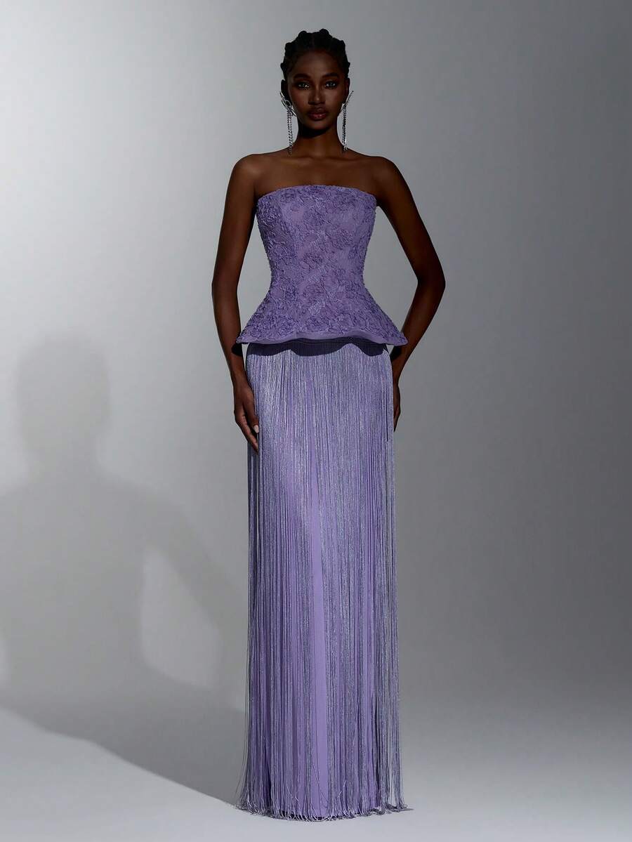Elitara Elegant Queen Classical Lace 3D Floral Strapless Neckline Internal Boning Splice Tassel Long Dress Formal Wedding Guest Navy Blue Winter - Purple - View 1