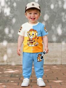 2pcs Baby Boy Casual Cute Cartoon Lion Pattern Patchwork Contrast Color Round Neck T-Shirt And Matching All-Over Animal Print Long Pants Set - Multicolor - View 5